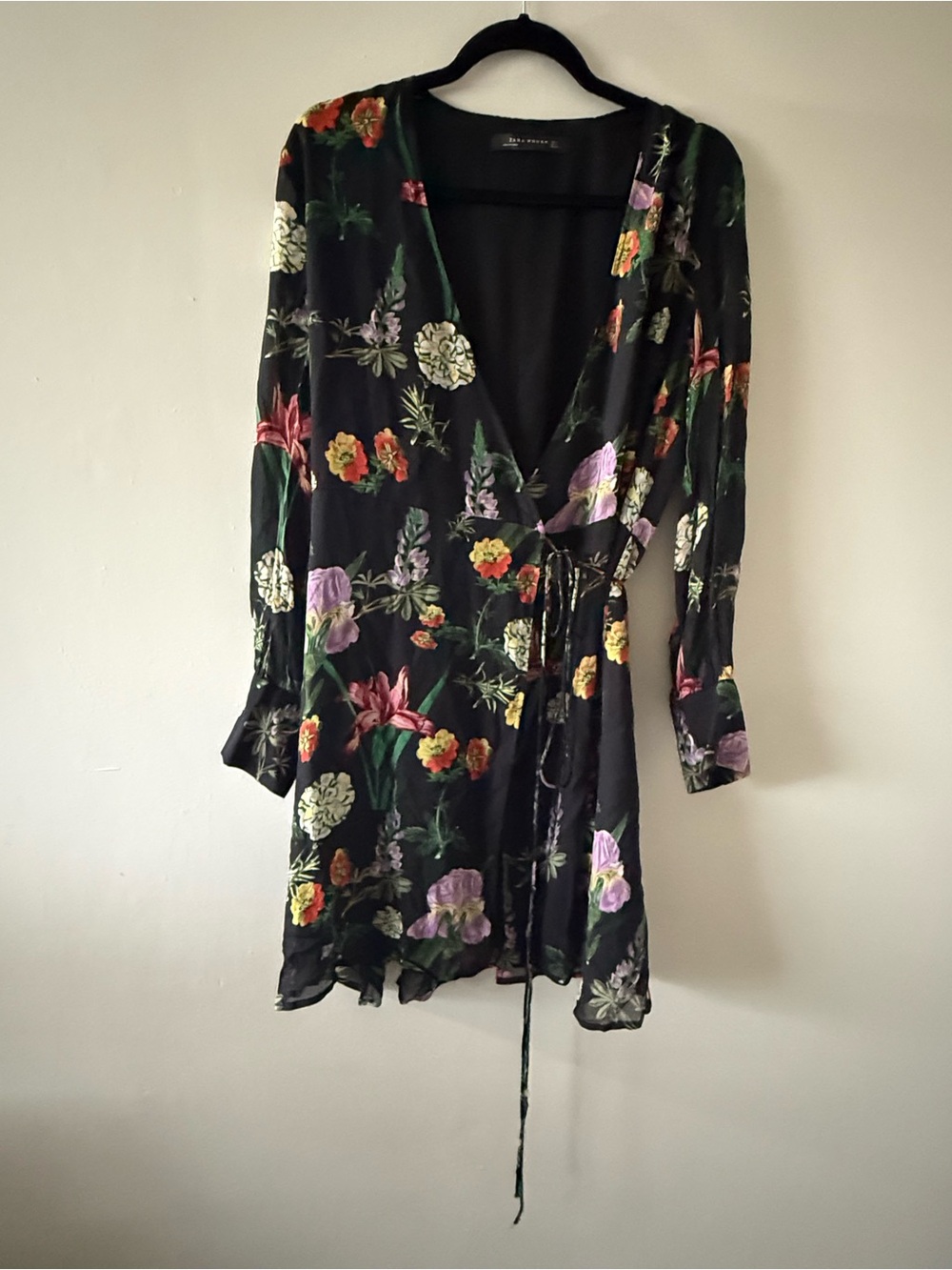 Zara Black Floral Wrap Dress with Multicolor Blooms